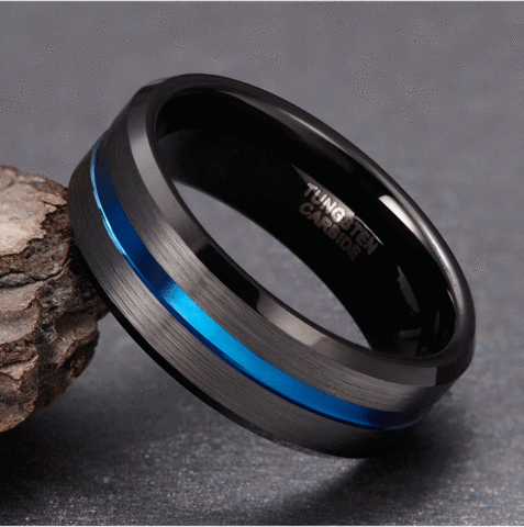 8mm Blue Centre Groove Black Brushed Tungsten Mens Ring