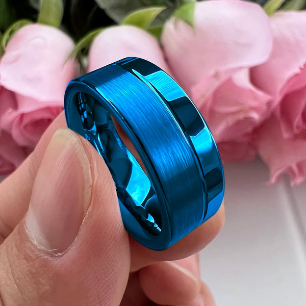 8mm Royal Blue Color Offset Groove Two Tone Tungsten Unisex Rings