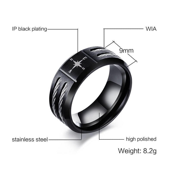 Navigation compass black mens ring