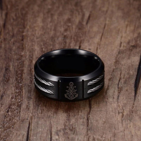 Ship wheel rudder and anchor mens ring