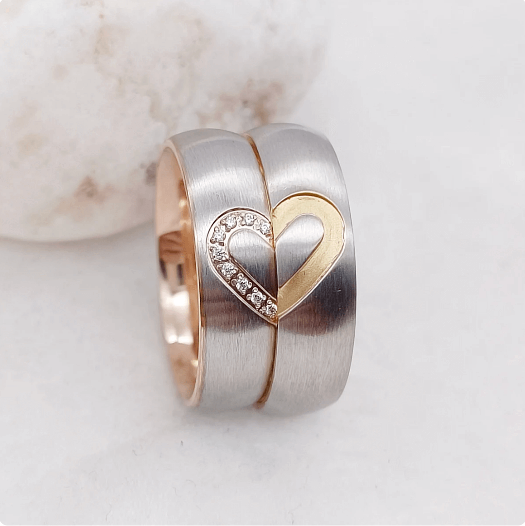 6mm Rose Gold & Silver Dome Heart Shape Titanium Couples Rings (2pc/Set)