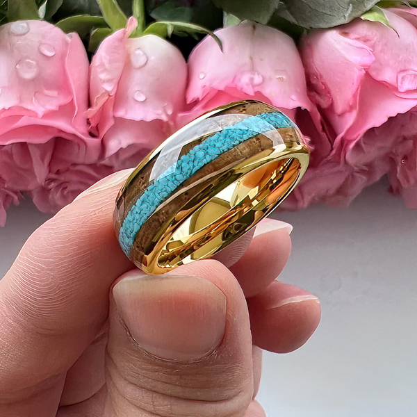 8mm Crushed Turquoise Inlay & Whisky Wood Gold Men's Rings
