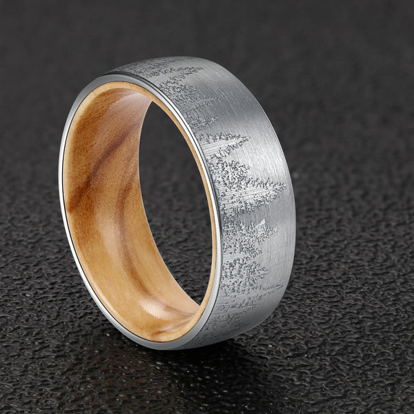 8mm Christmas Pine Trees Forest Olive Wood Tungsten Mens Ring