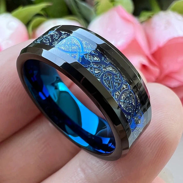 8mm Celtic Blue Dragon & Meteorite Based Black Tungsten Men's Ring
