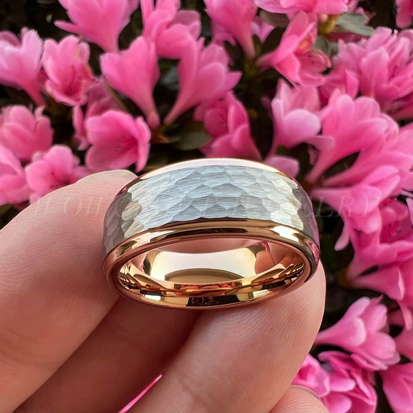 Engraved Hammered Silver & Rose Gold Tungsten Men's Ring