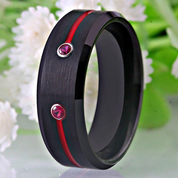 Red Stones & Black Mens Tungsten Ring