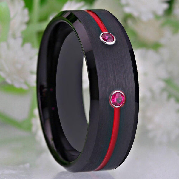 Red Stone & Black Mens Tungsten Ring