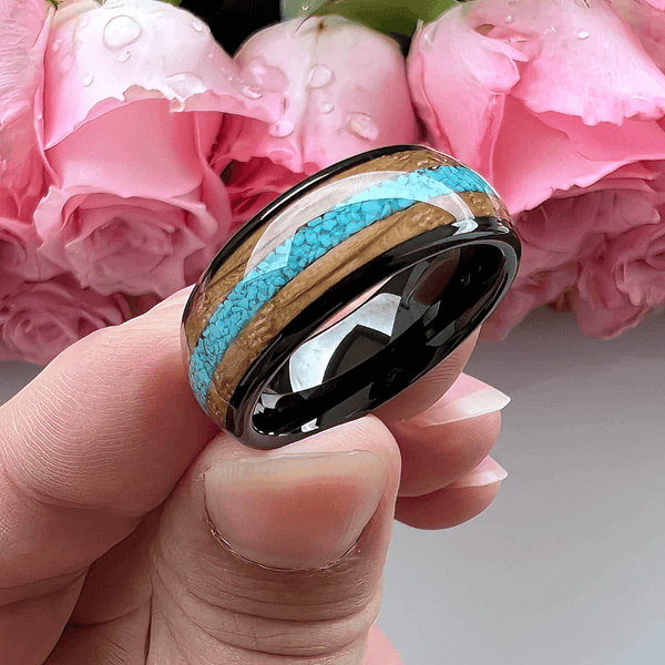 8mm Crushed Turquoise Inlay & Whisky Wood Black Men's Rings