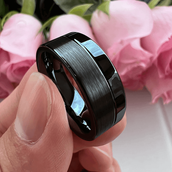 6mm & 8mm Black Color Offset Groove Two Tone Tungsten Unisex Ring