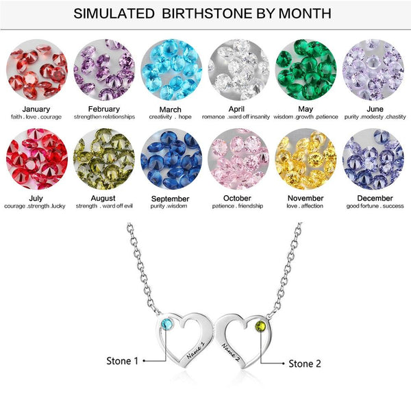 Two birthstones and engravings womens hearts necklace