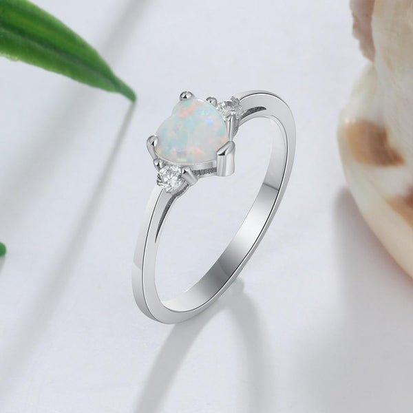 Promise rings for her - white opal heart silver womens ring