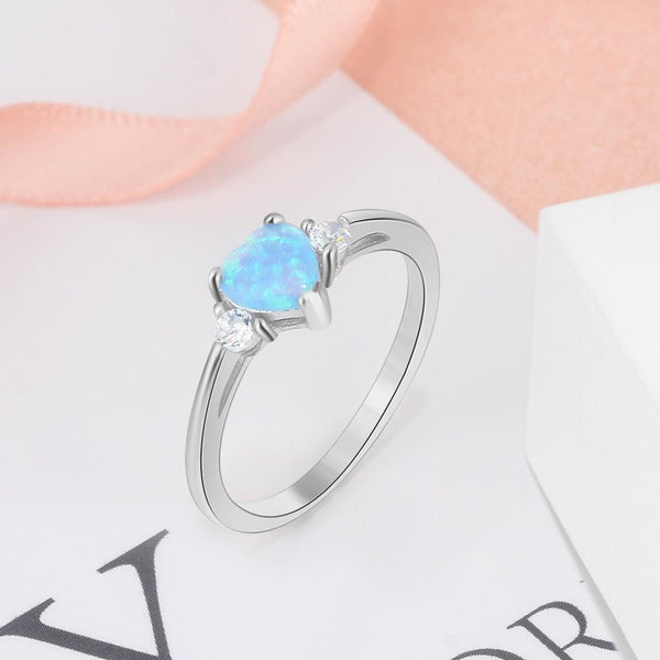 Promise rings for her - blue opal heart silver womens ring