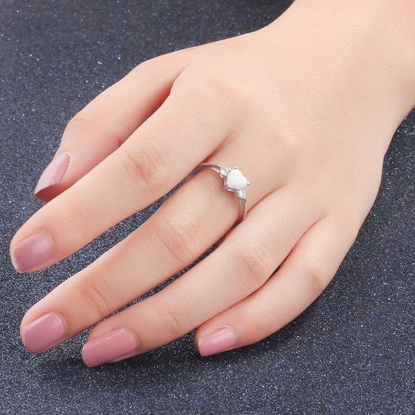 Promise rings for her - white opal heart silver womens ring