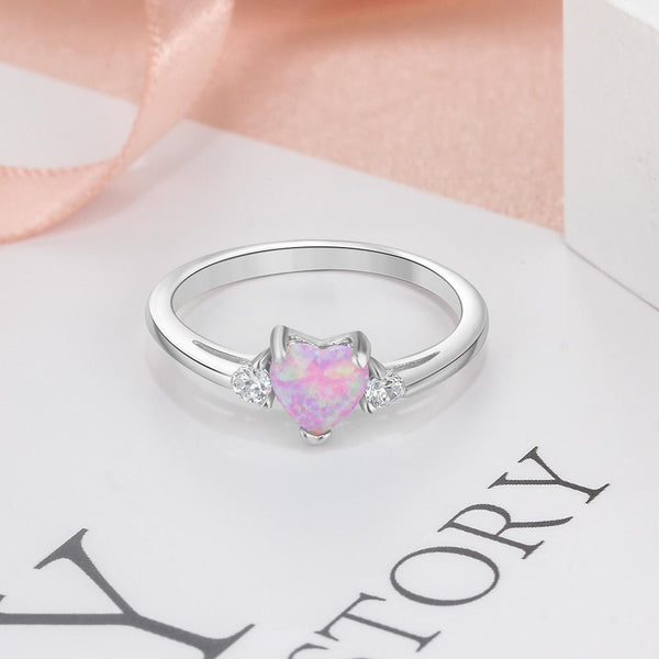 Promise rings for her - pink opal heart silver womens ring