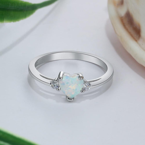 Promise rings for her - white opal heart silver womens ring