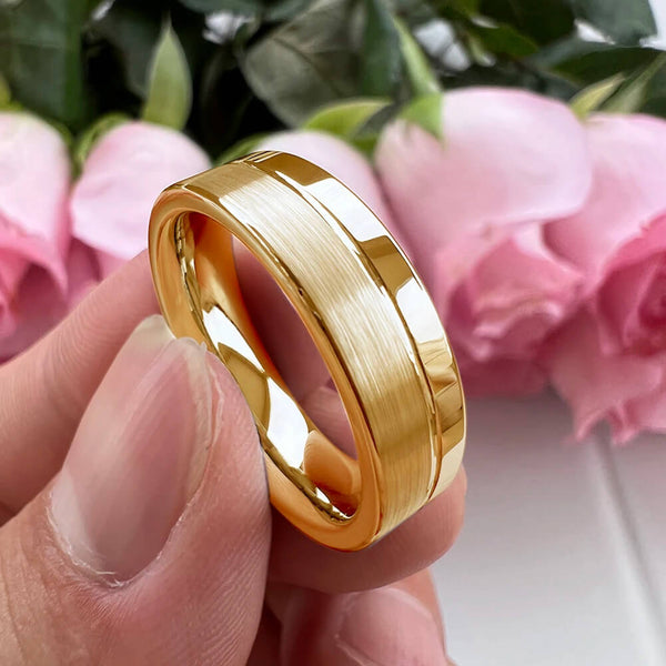 6mm Gold Color Offset Groove Two Tone Tungsten Unisex Rings