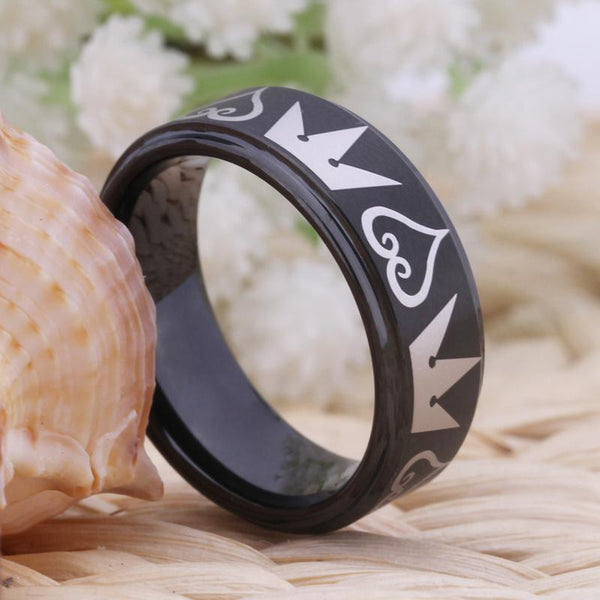 8mm King Crown and Hearts Black Tungsten Mens Ring