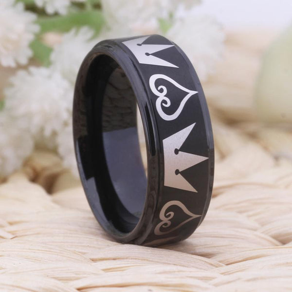 8mm King Crown and Hearts Black Tungsten Mens Ring