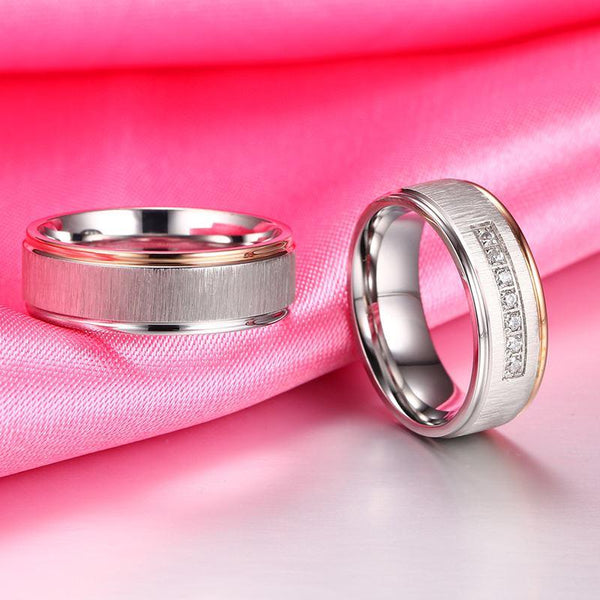 Silver and rose gold edge matte couples rings