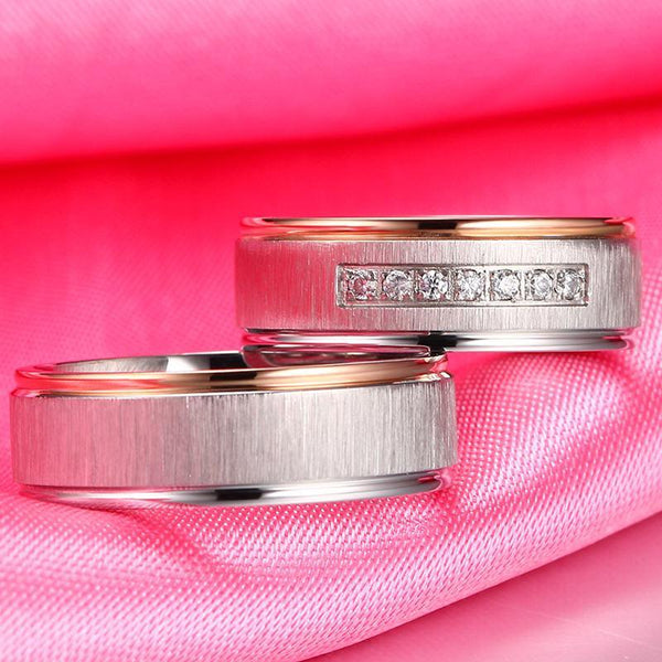 Silver and rose gold his and hers couples rings