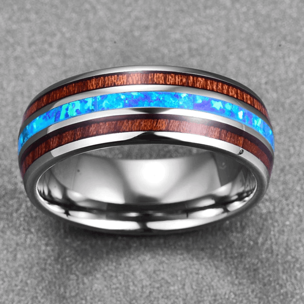 Blue Opal & Wood Silver Tungsten Mens Ring