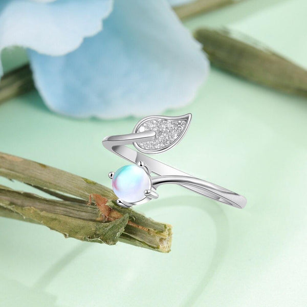 Moonstone with leaf sterling silver womens ring