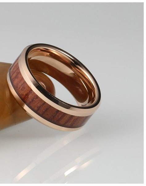 Natural Koa Padauk Wood Rose Gold Tungsten Ring