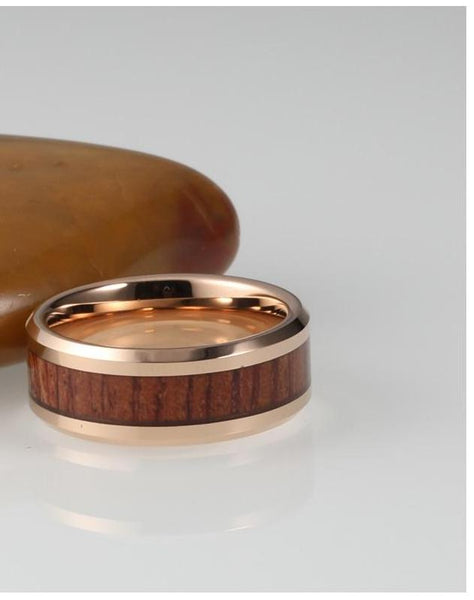 Natural Koa Padauk Wood Rose Gold Tungsten Ring