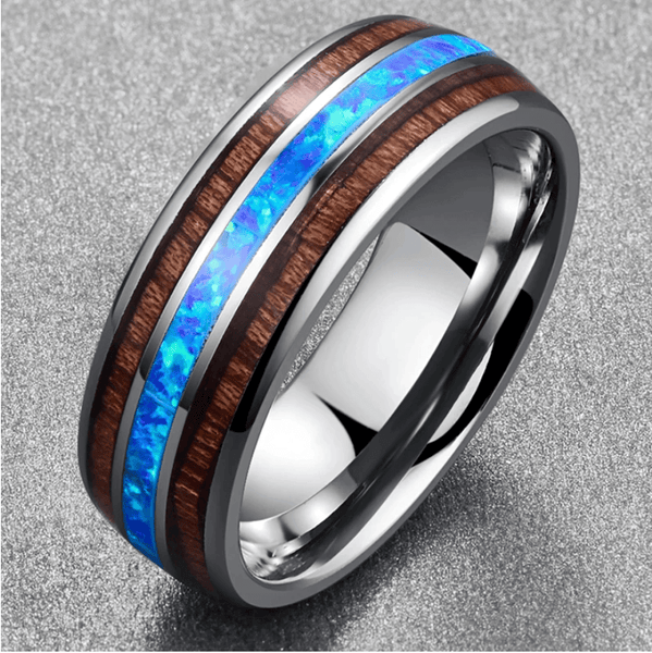 Blue Opal & Wood Silver Tungsten Mens Ring