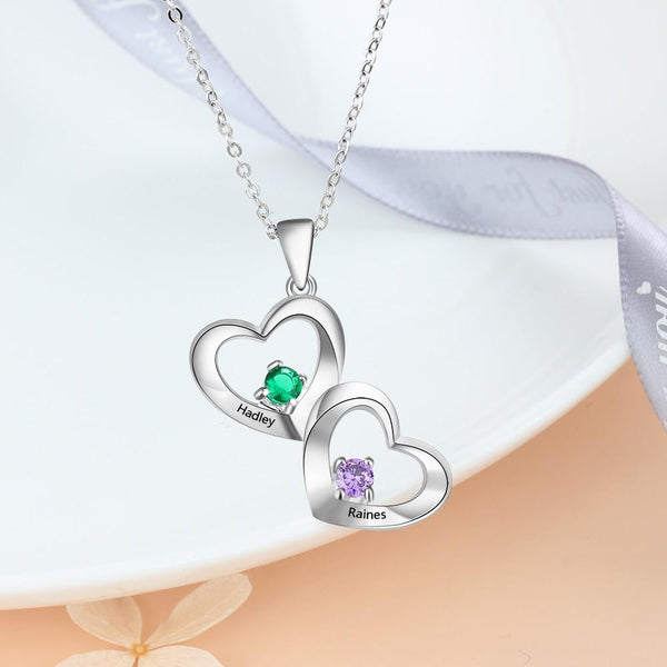 Personalized hearts necklace with two birthstones
