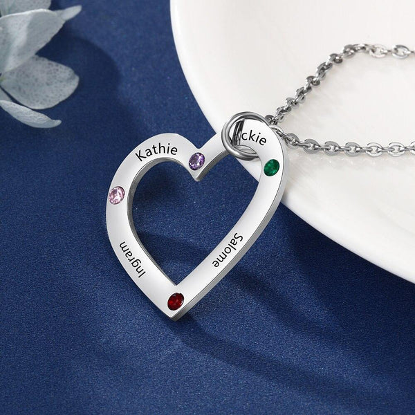 Four personalized birthstones and names heart necklace