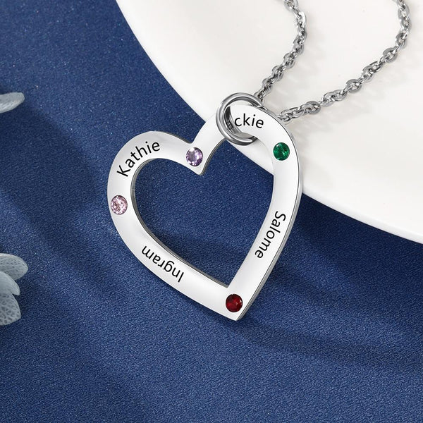 Four personalized birthstones and names heart necklace