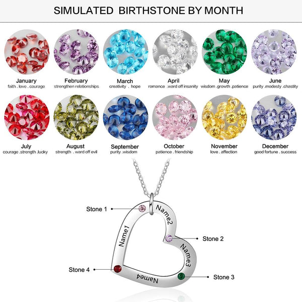 Four personalized birthstones and names heart necklace