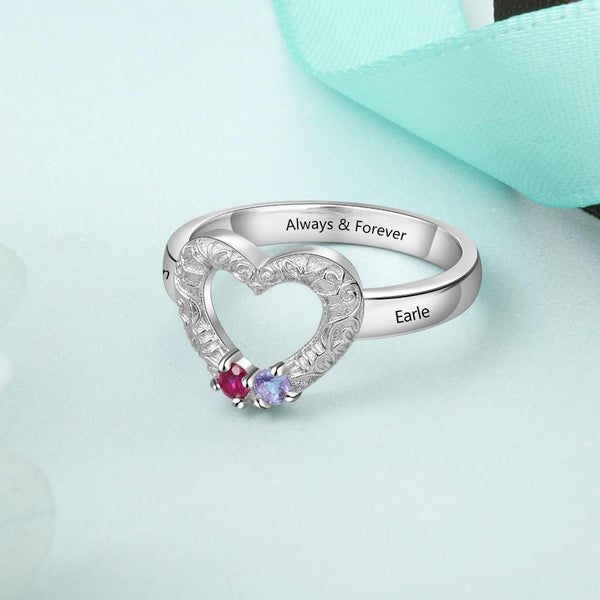 Personalized sterling silver heart ring with two birthstones