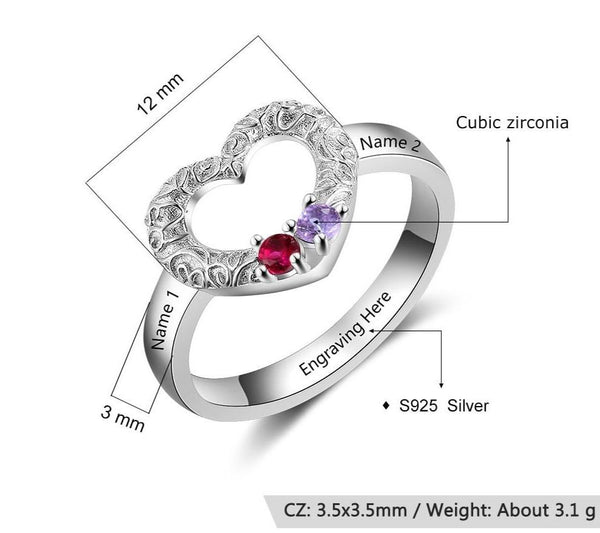 Personalized sterling silver heart ring with two birthstones