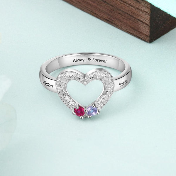 Personalized sterling silver heart ring with two birthstones