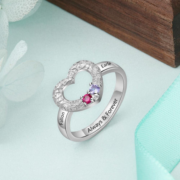 Personalized sterling silver heart ring with two birthstones