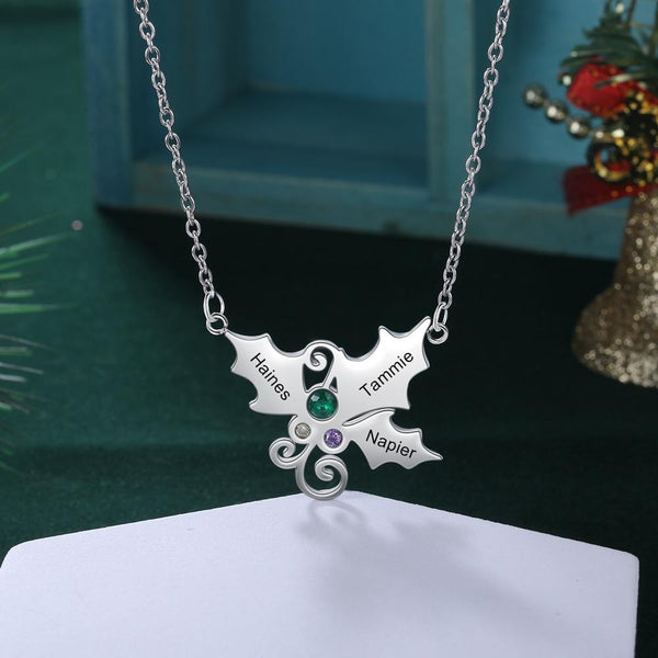 Personalized Christmas holly mistletoe necklace