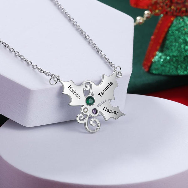 Personalized Christmas holly mistletoe necklace