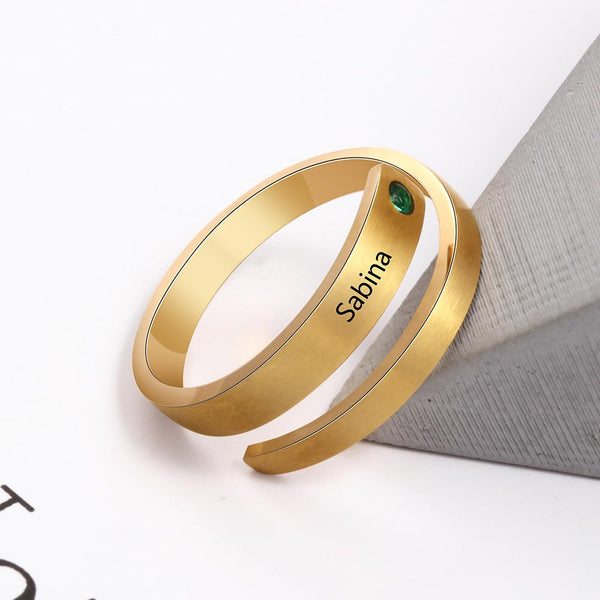 Custom name and birthstone womens gold ring