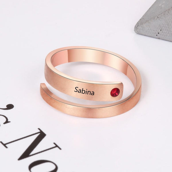 Custom name and birthstone womens rose gold ring