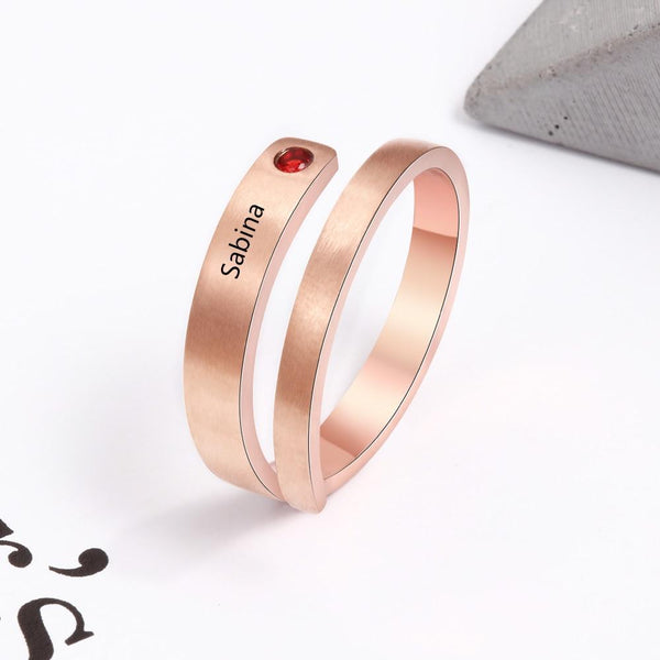 Custom name and birthstone womens rose gold ring