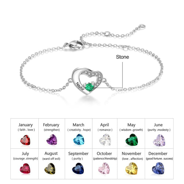 Personalized birthstone heart bracelet for women