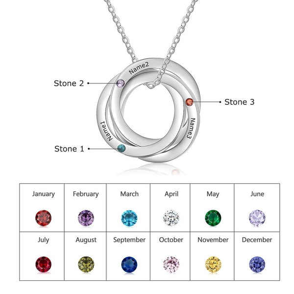 Personalized three birthstones silver necklaces