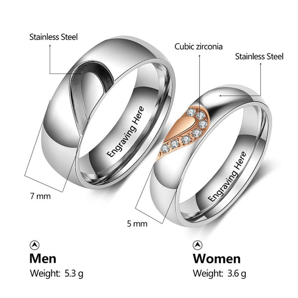 Personalized heart matching couple rings set