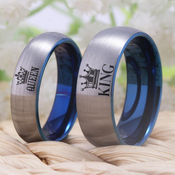 King and Queen Silver & Blue Tungsten Couples Rings