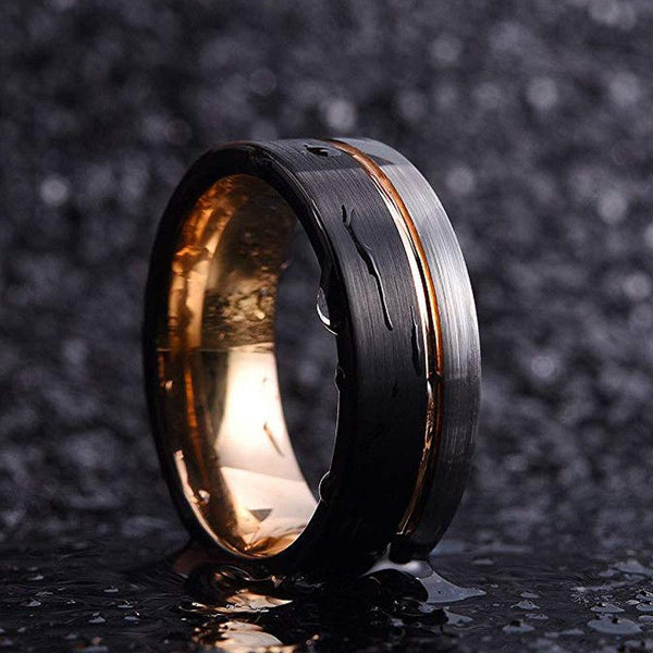 8mm Black Rose Gold Line Brushed Tungsten Mens Ring