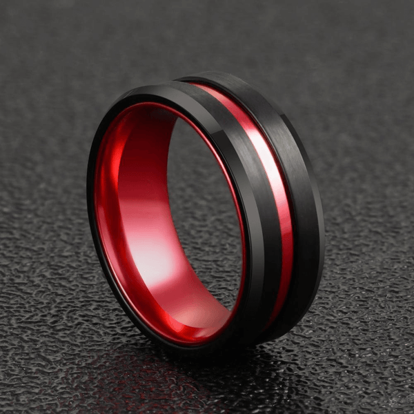 8mm Red Aluminum Inlay & Black Tungsten Unisex Ring (3 Other Colors)