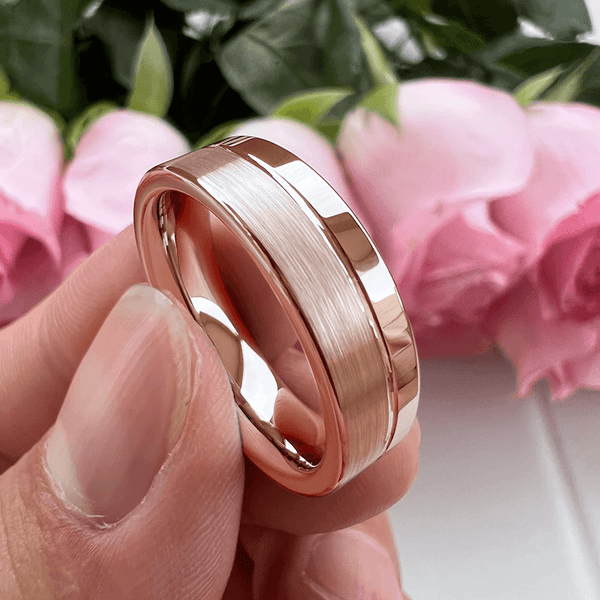 6mm & 8mm Offset Groove Two Tone Rose Gold Color Tungsten Unisex Rings