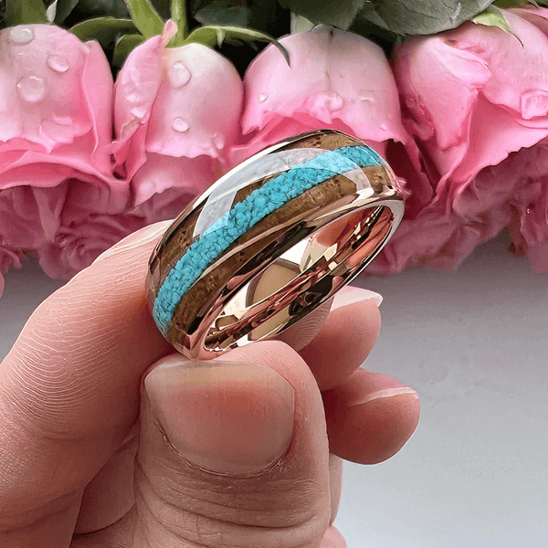 8mm Crushed Turquoise Inlay & Whisky Wood Rose Gold Men's Rings